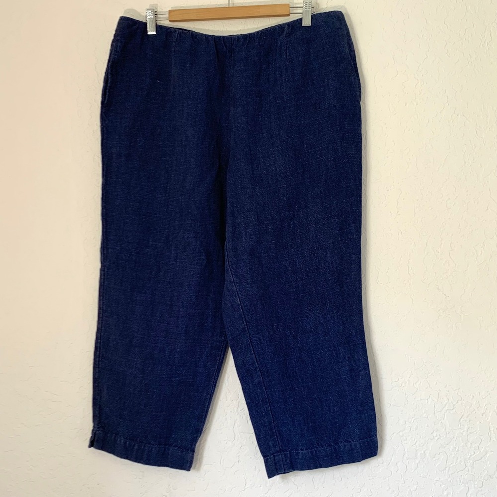 Pure Jill Linen Pants Women L Dark Blue Cropped Wide Leg Coastal Grandma Boho